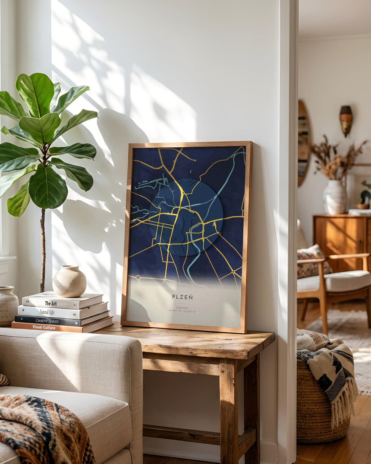 Plzeň 3D relief map in Nocturne, framed in a room