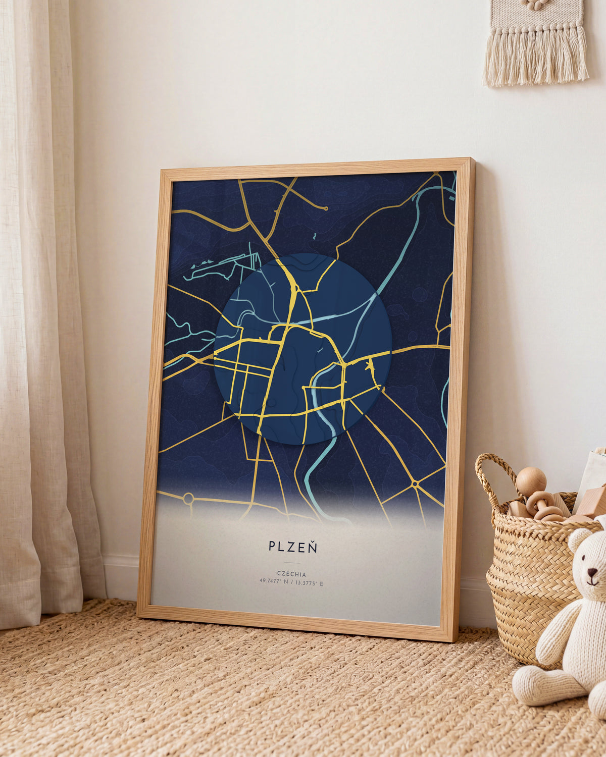 Plzeň 3D relief map in Nocturne, framed in a room