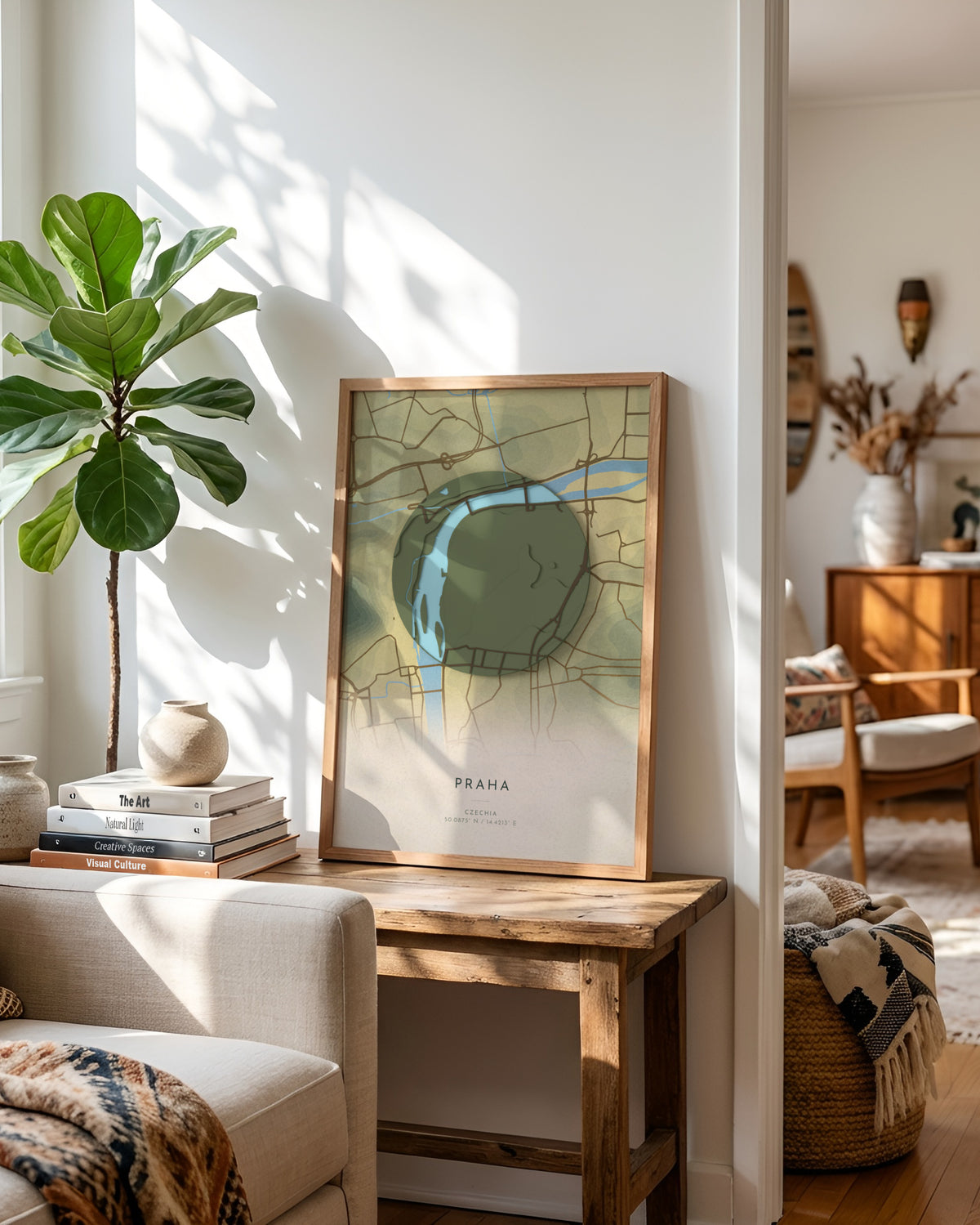 Praha 3D relief map in Vale, framed in a room