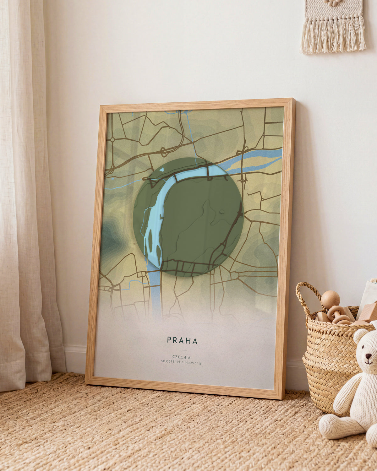 Praha 3D relief map in Vale, framed in a room