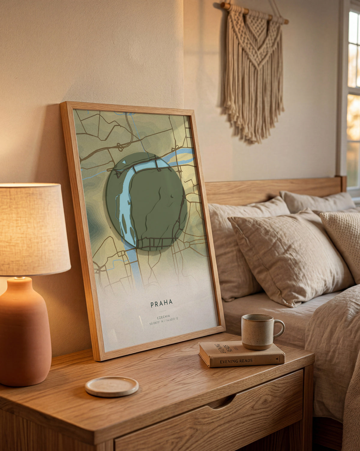 Praha 3D relief map in Vale, framed in a room