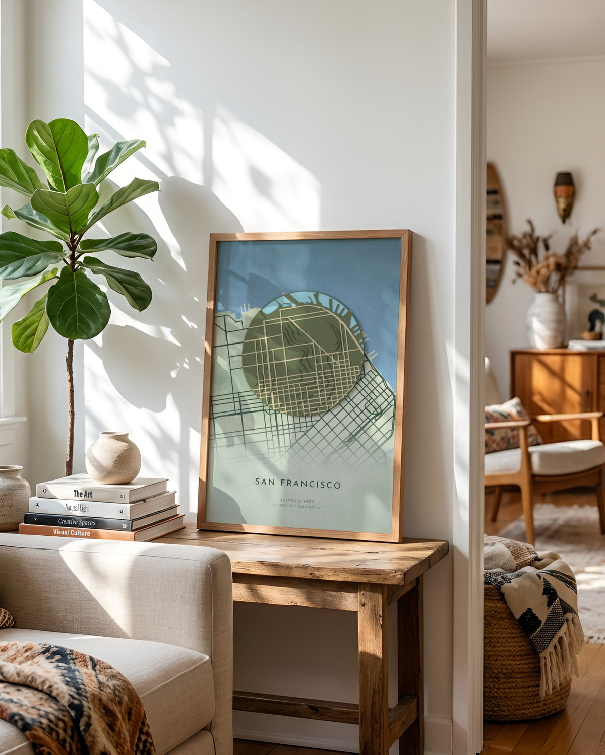 San Francisco 3D relief map in Taiga, framed in a room