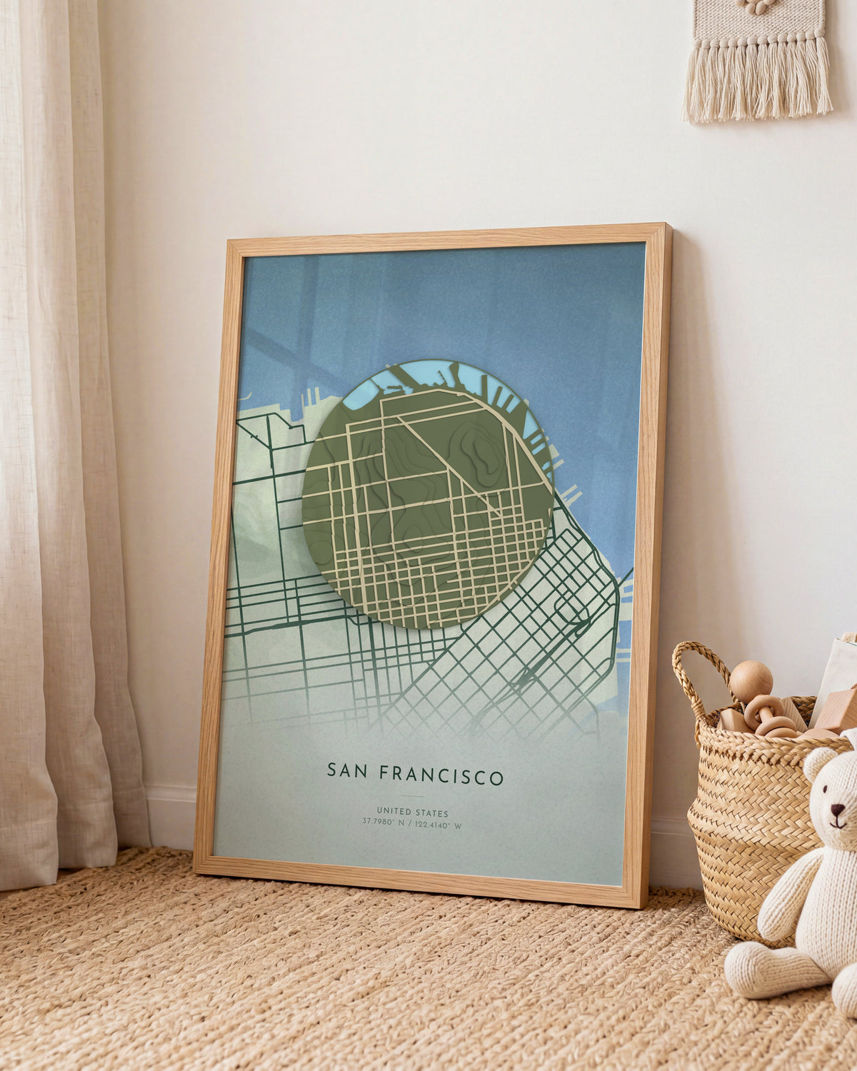 San Francisco 3D relief map in Taiga, framed in a room
