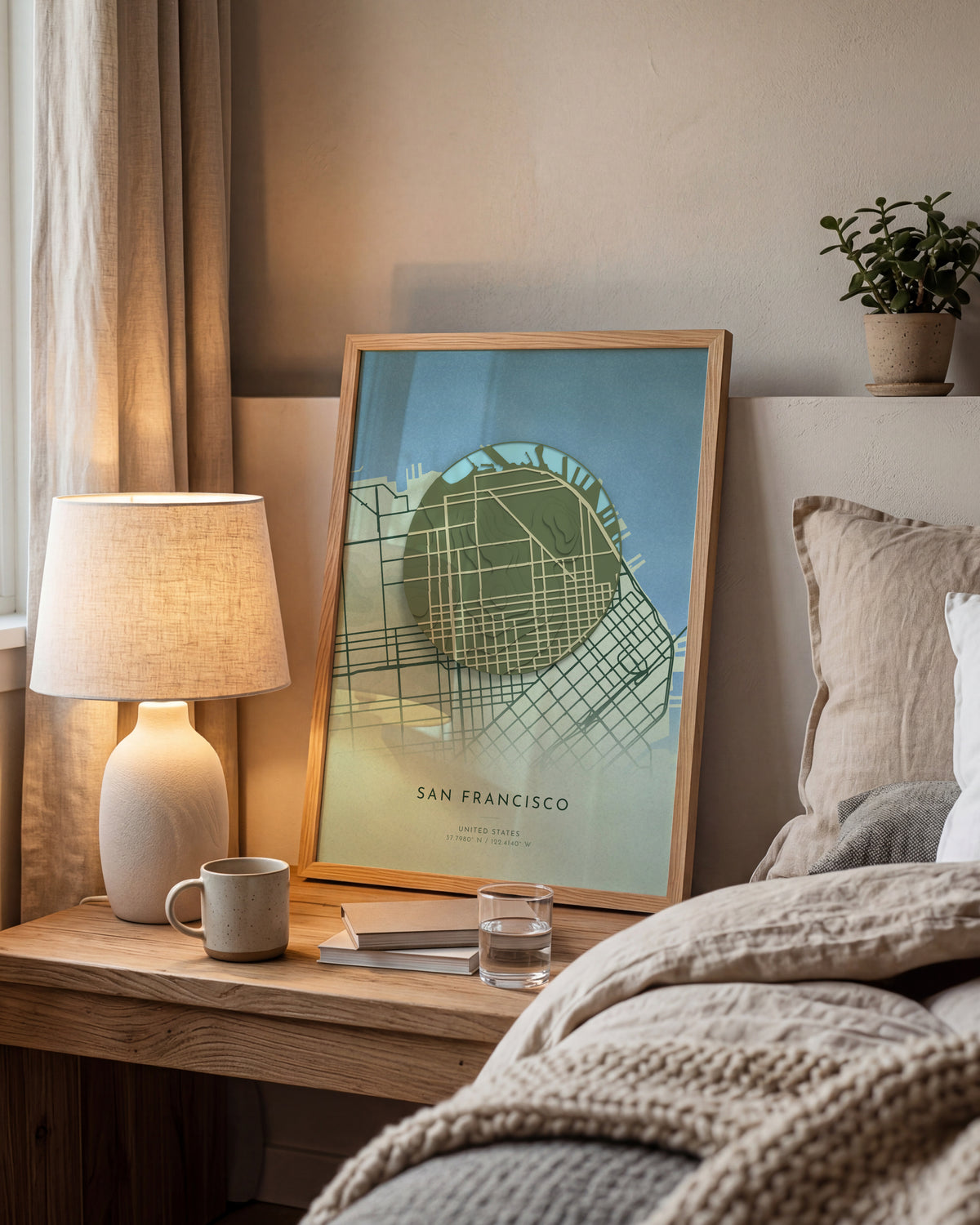 San Francisco 3D relief map in Taiga, framed in a room