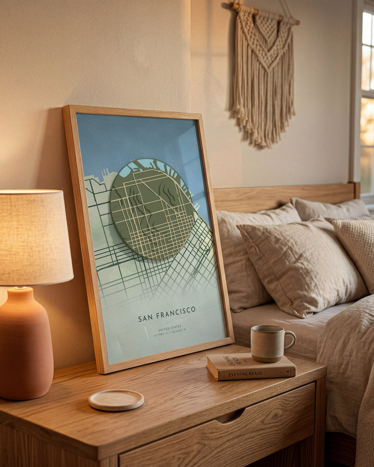San Francisco 3D relief map in Taiga, framed in a room