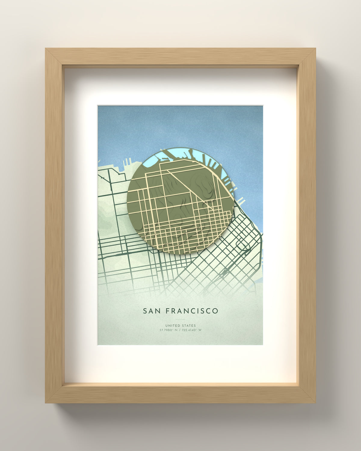 San Francisco 3D relief map in Taiga, oak frame