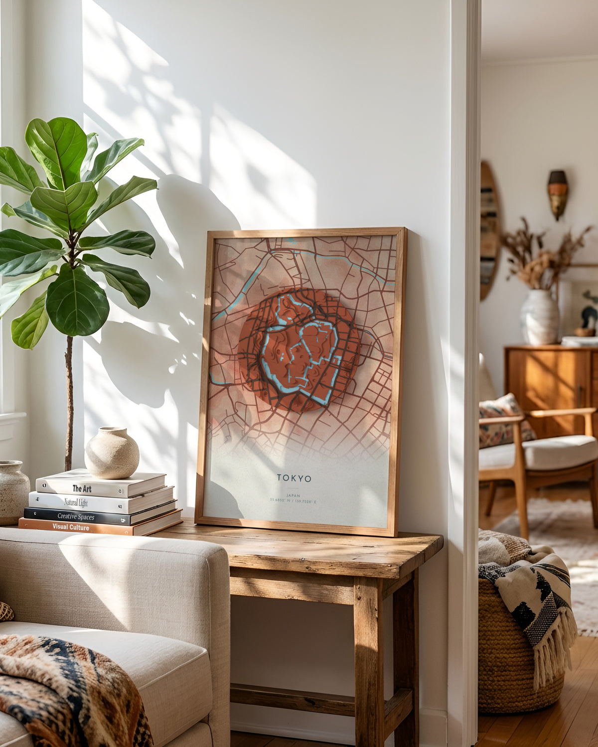 Tokyo 3D relief map in Riviera, framed in a room