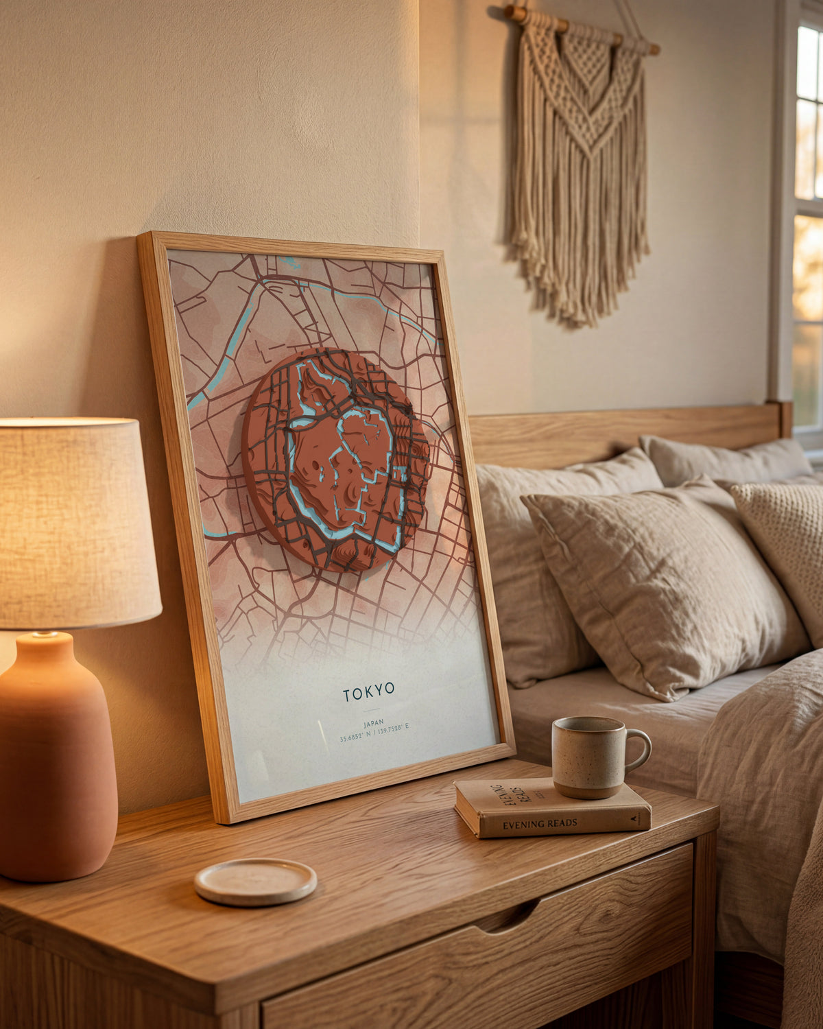 Tokyo 3D relief map in Riviera, framed in a room
