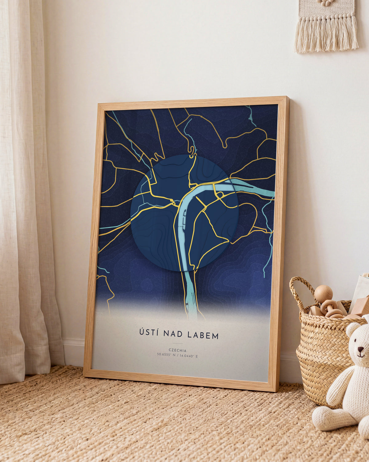 Ústí nad Labem 3D relief map in Nocturne, framed in a room