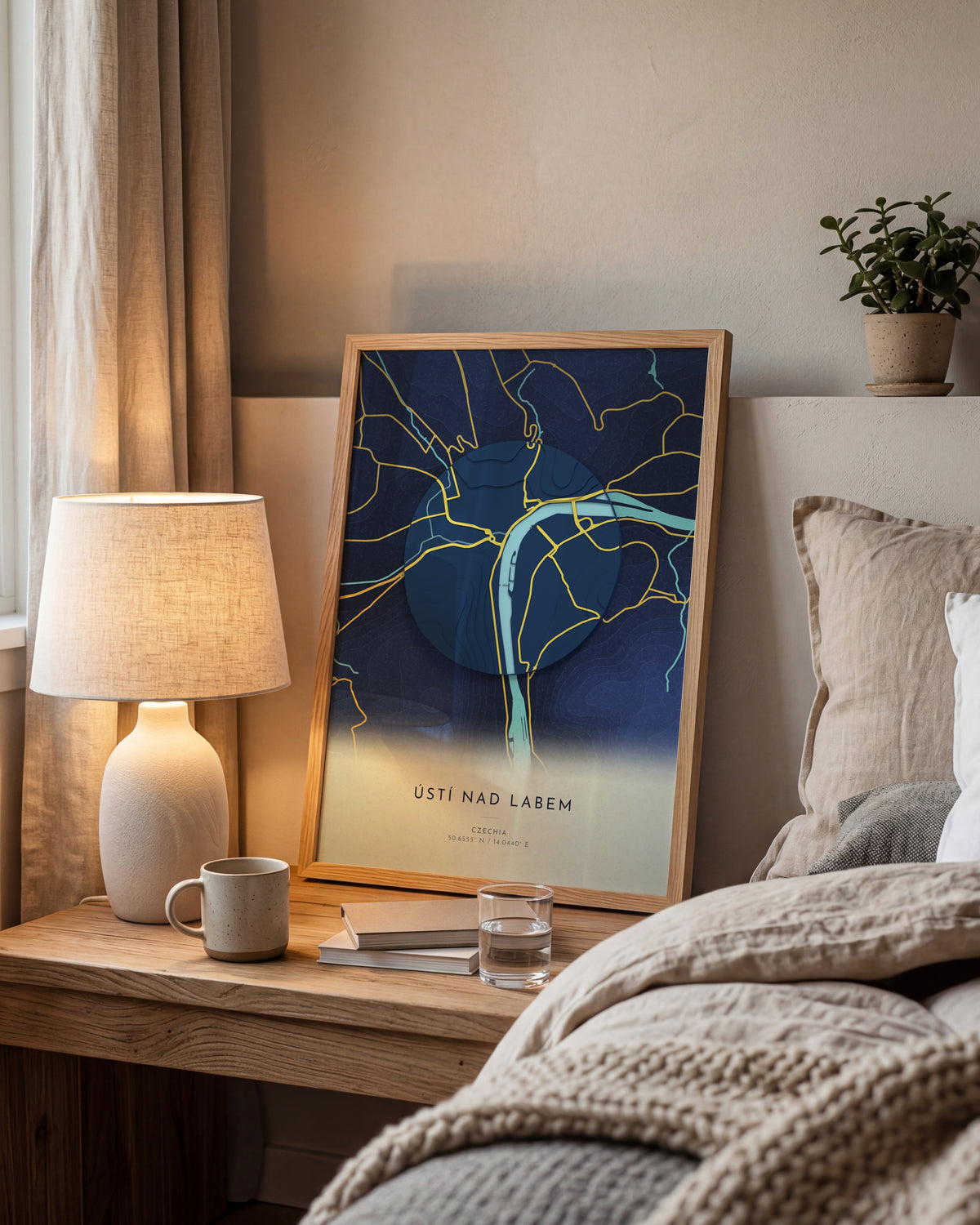 Ústí nad Labem 3D relief map in Nocturne, framed in a room
