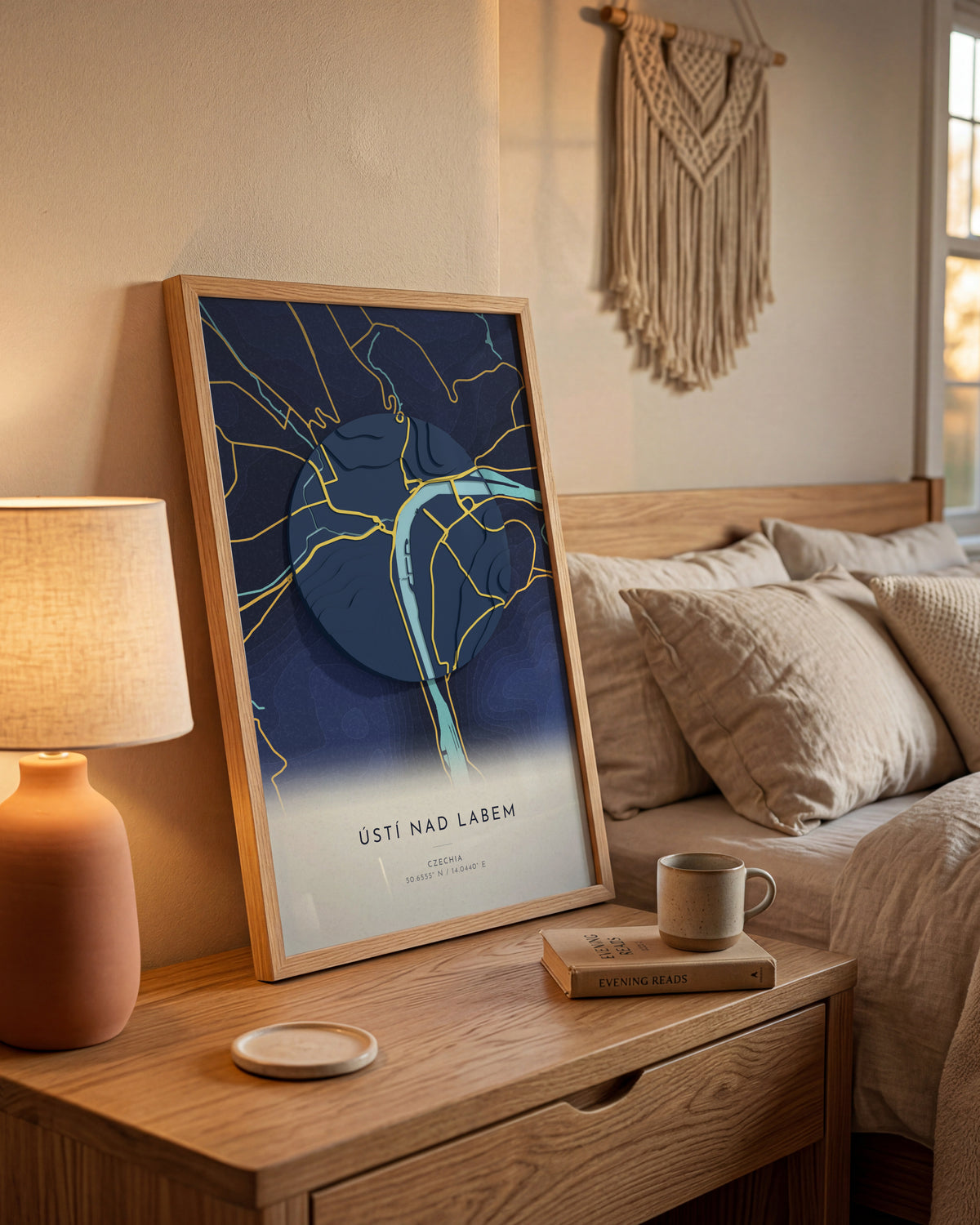 Ústí nad Labem 3D relief map in Nocturne, framed in a room