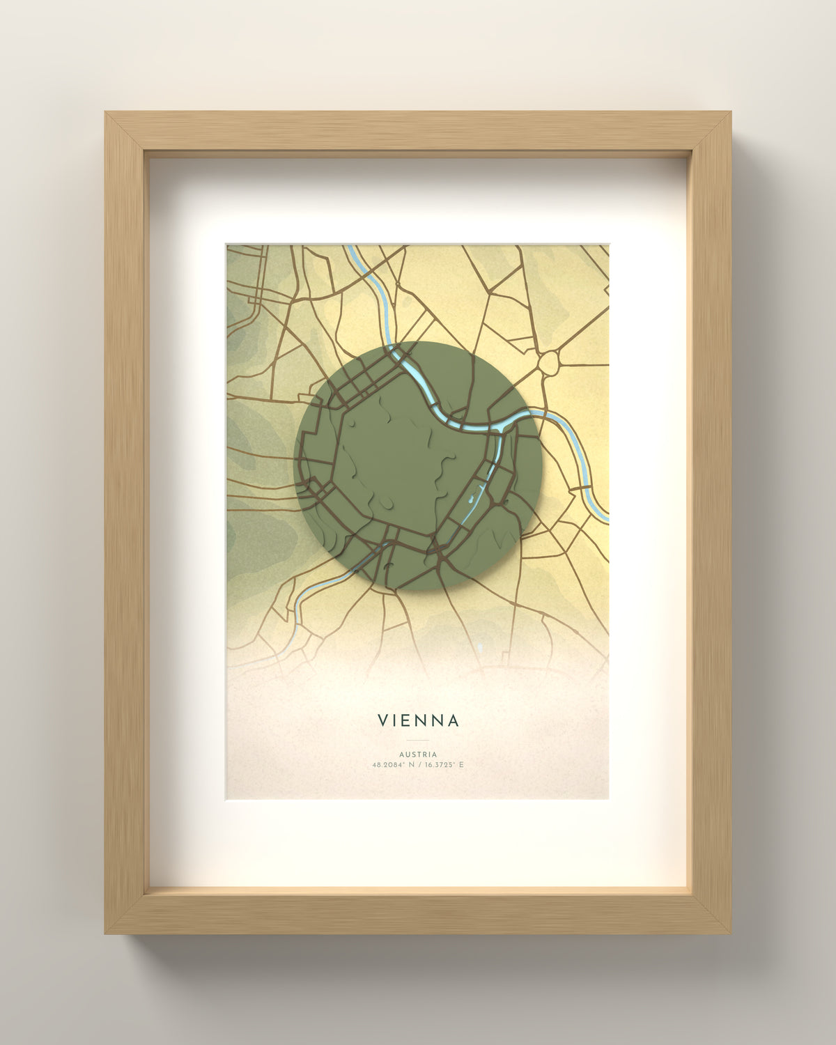 Vienna 3D relief map in Vale, oak frame